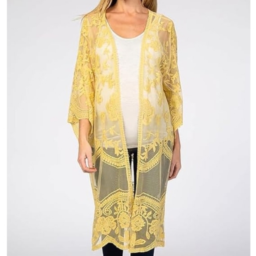 Long Flowy Lace Kimono Cardigan Boho Style Open Cover Ups Yellow